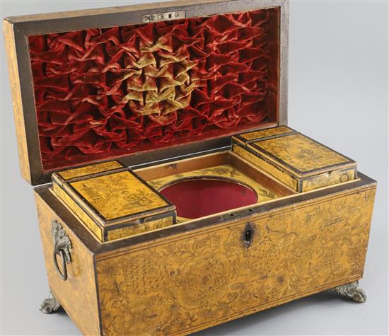 A Regency penwork sarcophagus tea caddy, 12.5in.